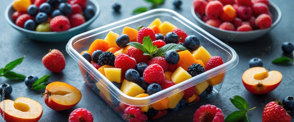 Poster colorful assorted fresh fruits in a clear plastic container with empty space for text and additional