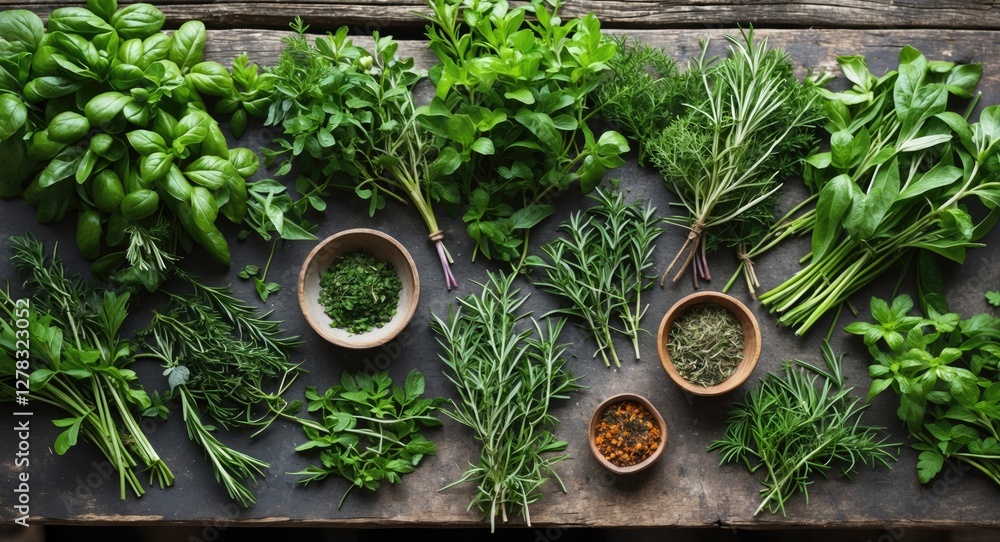 Poster freshly harvested culinary herbs spread on rustic table with empty space for text or branding
