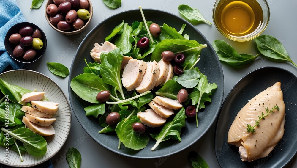Aufkleber fresh spinach salad with grilled chicken and olives on table top featuring olive oil and empty space