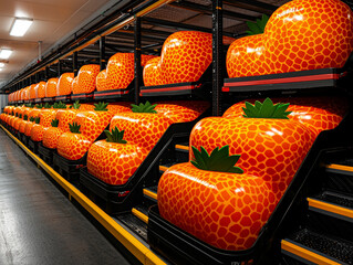 Large orange fruit displays in warehouse enhance visual appeal and organization