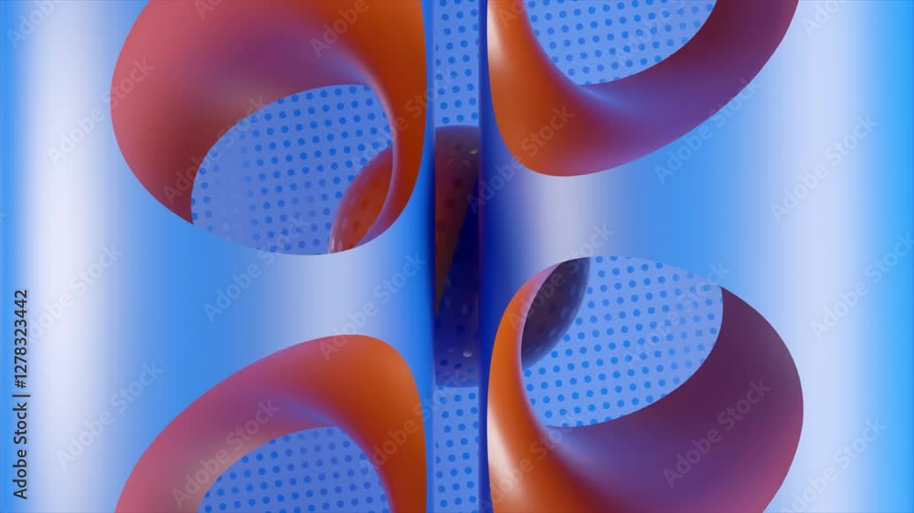 Poster colorful geometric sphere dynamically bouncing through perforated abstract structure, generating vib