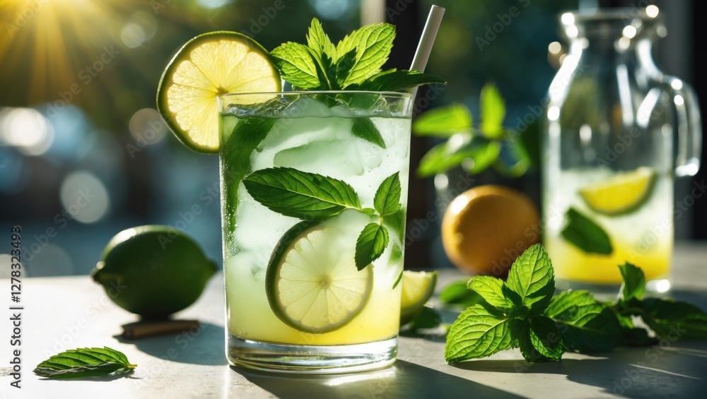 Poster refreshing mojito or lemonade with lime and mint garnish in sunlit setting
