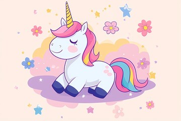 Cute magical rainbow unicorn. flat cartoon illustration. kawaii style