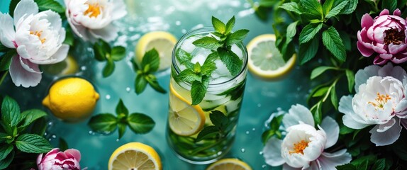 Refreshing Mojito with Mint and Lemon Surrounded by Summer Blooms in a Beautiful Flat Lay Presentation