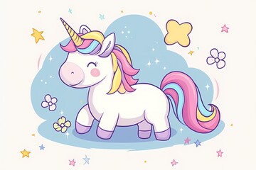 Naklejka premium Cute magical rainbow unicorn. flat cartoon illustration. kawaii style