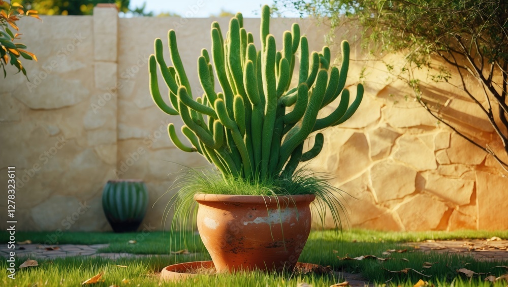 Poster vibrant monkey tail cactus displayed in a rustic pot amidst a serene backyard setting with lush gree
