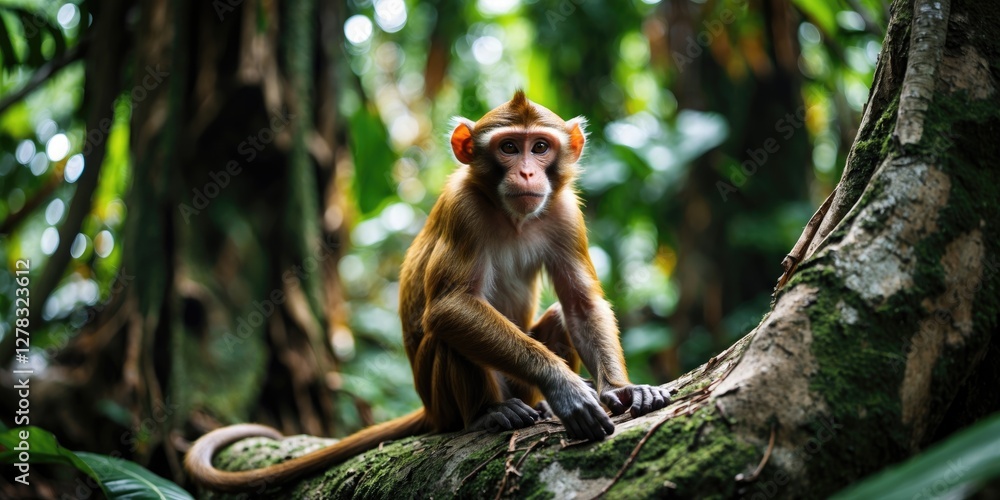 Poster curious monkey sitting on a branch in dense tropical forest with lush green background and space for