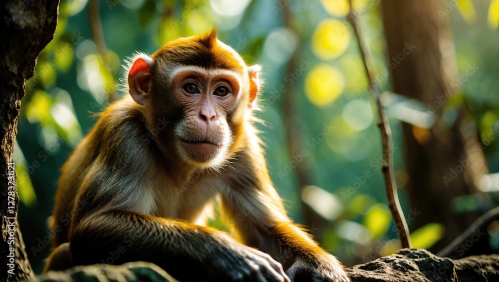 Poster monkey sitting calmly in a lush green jungle with soft light and space for text overlay