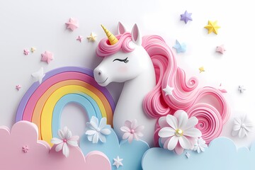 Cute magical unicorn with rainbow, flowers and star. 3D illustration