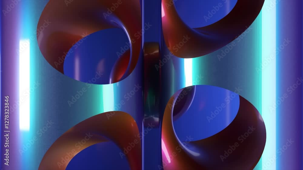 Poster glossy sphere bouncing dynamically inside perforated metallic structure, illuminated by pulsating ne