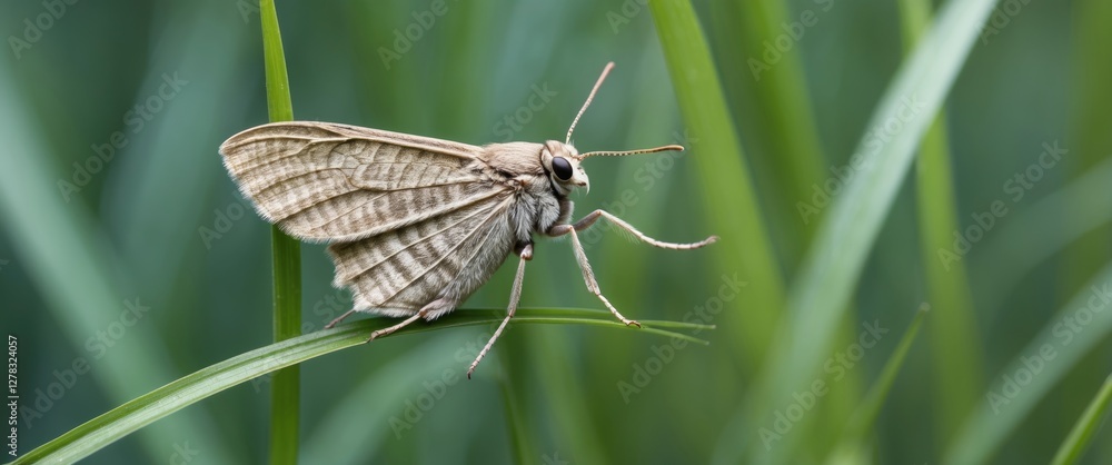 Poster moth perched on grass blade with blur background and clear space for textual overlay in nature scene