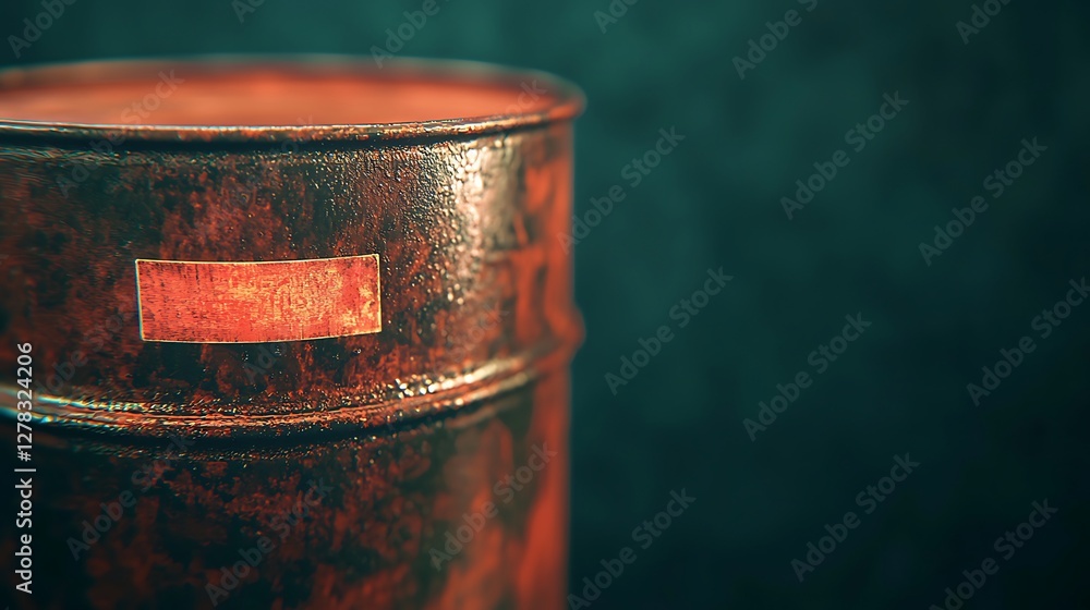 Poster a close-up of a rusty metal barrel with a faded label, set against a dark background, emphasizing te