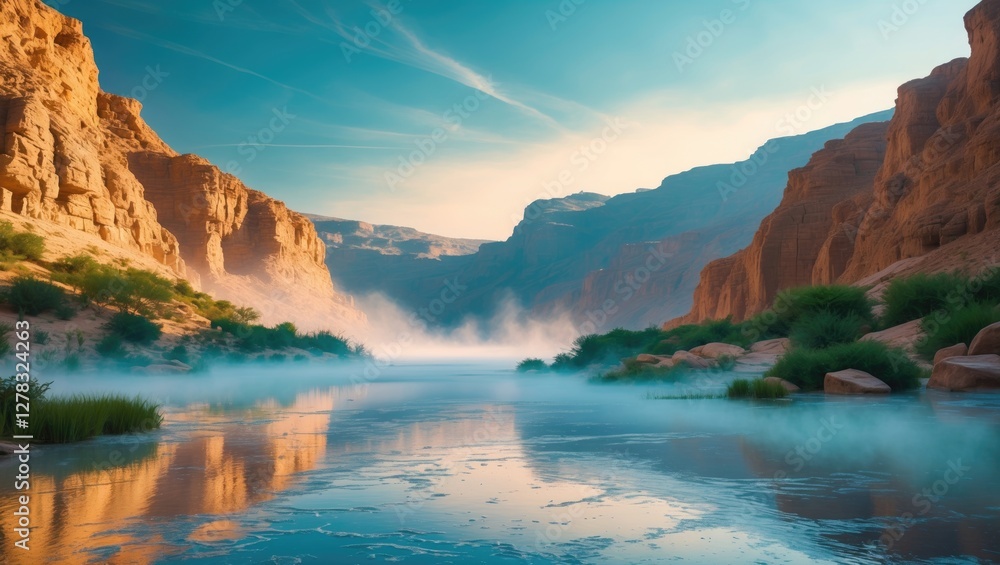 Poster serene mountain lake surrounded by dramatic cliffs and mist with space for text overlay in a tranqui