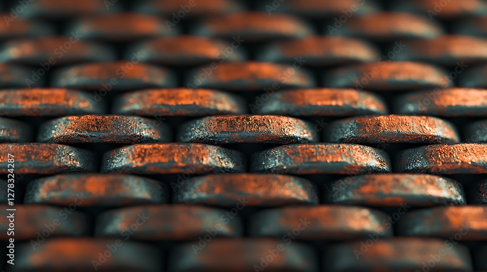Poster a close-up view of interwoven, textured surfaces showcasing a rusty, metallic appearance with a focu