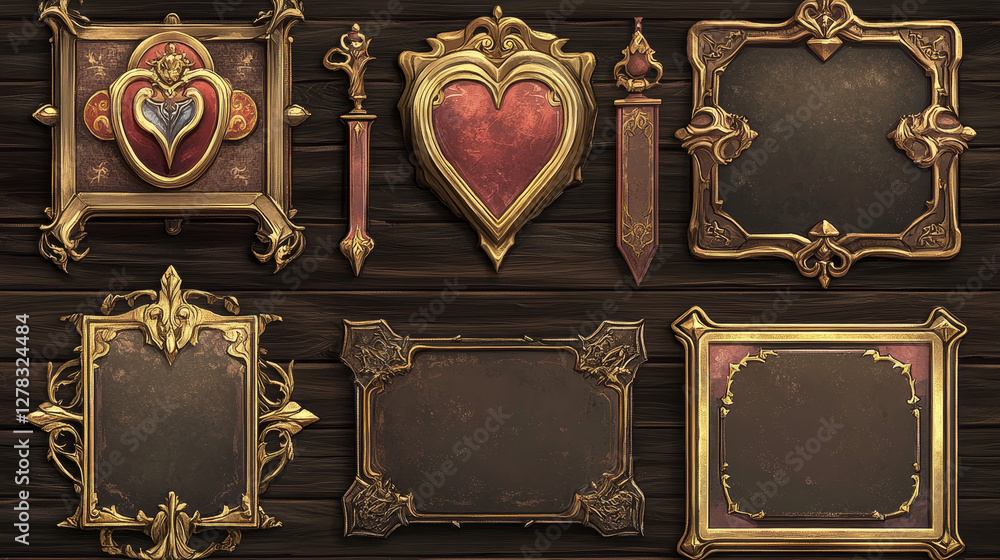 Poster medieval game menu interface badges, red ui frames, banners, gui elements. buttons with ornate, rims