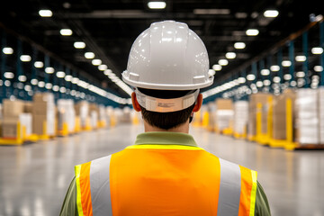 Warehouse worker in safety gear overseeing logistics operations