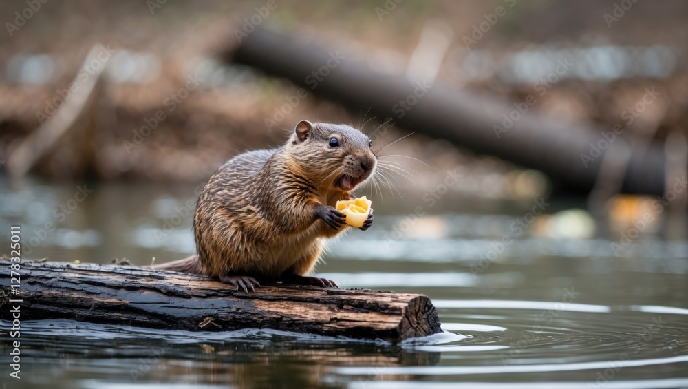 Poster muskrat enjoying a snack while standing on a log surrounded by calm water in nature scene