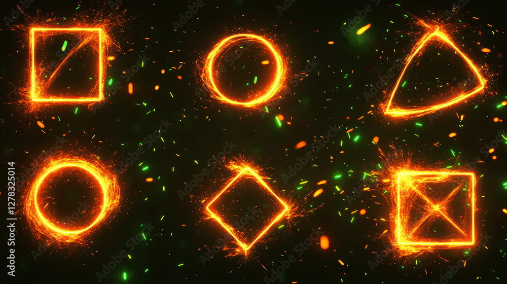 Poster futuristic neon frames of burning fire and green energy glow with sparks isolated on transparent bac