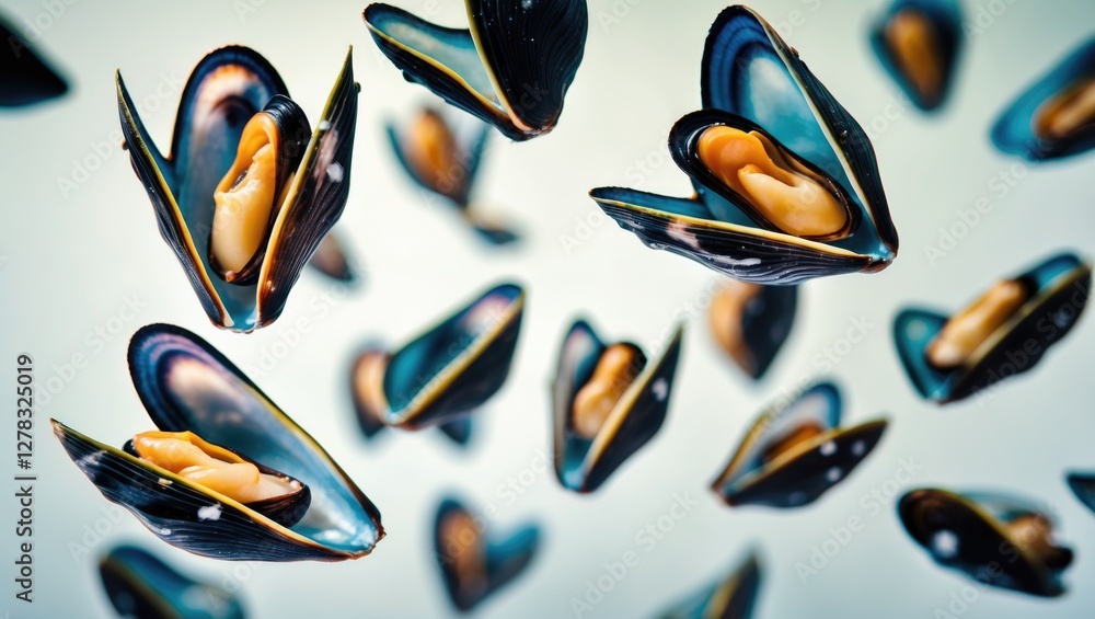 Poster close-up of floating mussels in shells isolated on white background perfect for culinary ads or seaf