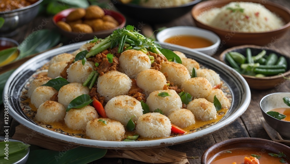 Poster delicious nasi uduk served with aromatic herbs and spicy condiments on a rustic table with space for