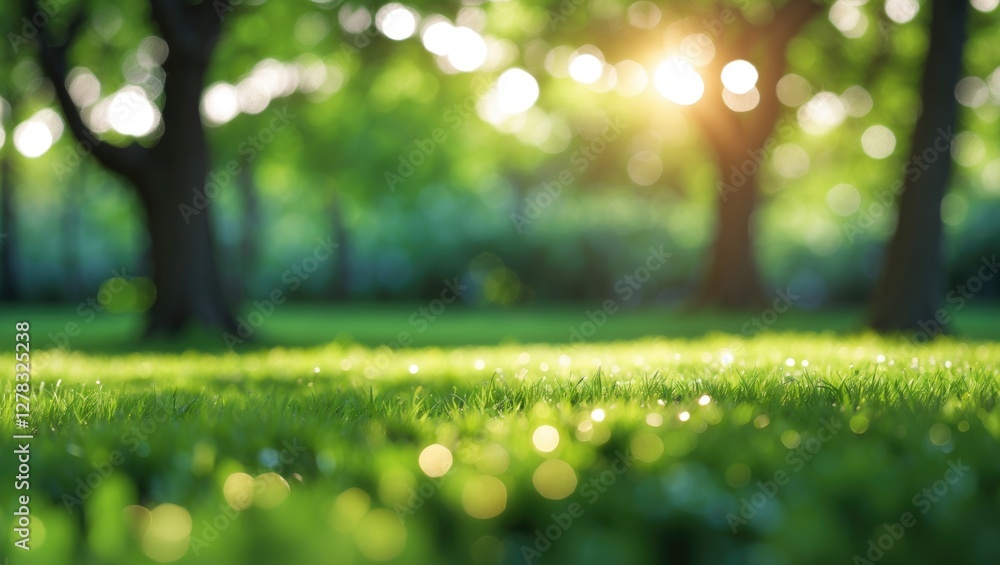 Poster serene natural bokeh background with green trees and sunlight creating a tranquil atmosphere in a lu
