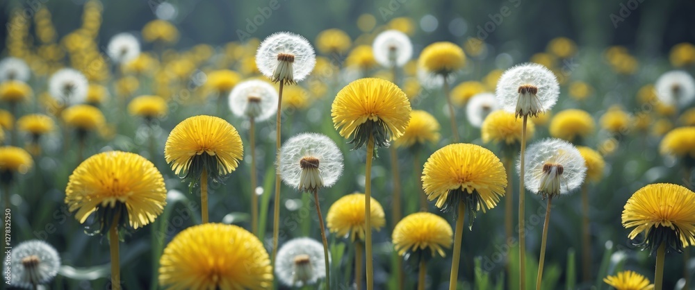Poster vibrant field of yellow dandelions and white seed heads with soft focus, creating an ideal backdrop 