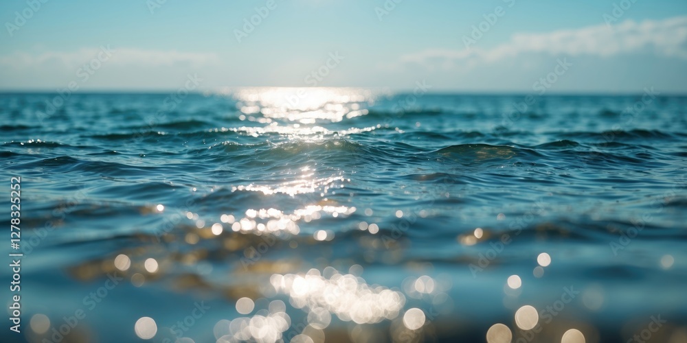 Poster serene blurred ocean surface with sunlight reflection calm waters and empty space for creative text 