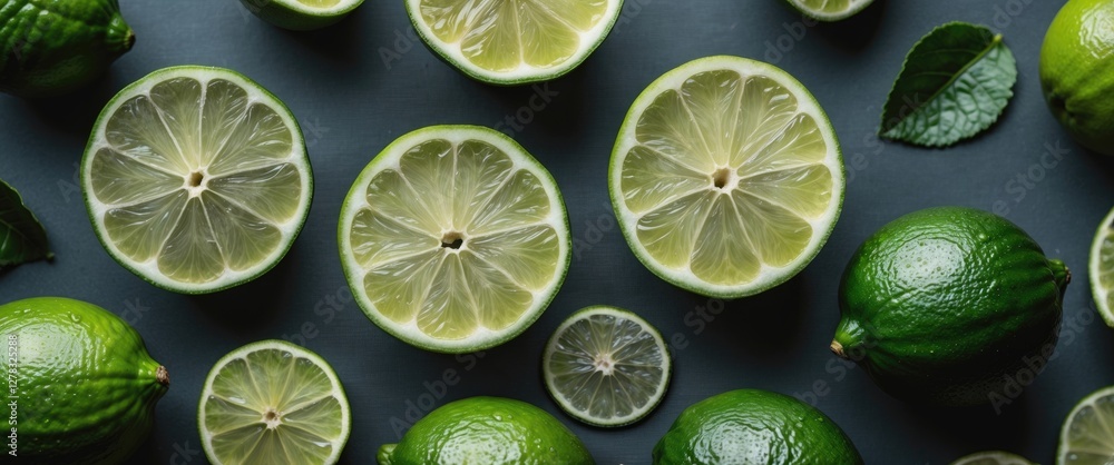 Poster fresh green limes and sliced halves arrangement on dark surface with space for text and natural elem