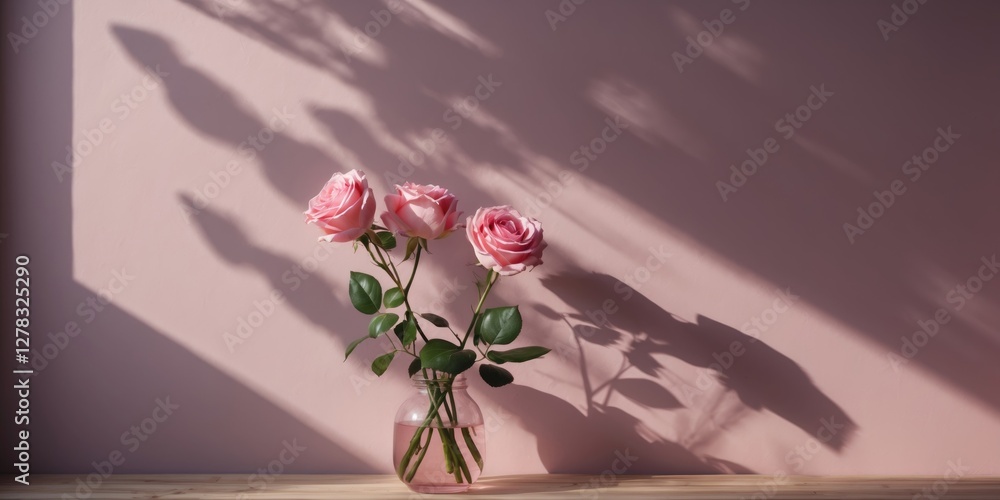 Poster elegant pink roses in a vase casting soft shadows on a light mauve wall with room for text in a sere
