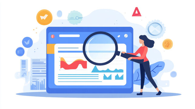 Keyword research, Seo analysis, keywording tool media concept. Contemporary female with magnifier use artificial intelligence and engine optimization services, Cartoon linear flat vector illustration