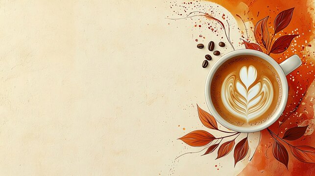 Cozy 2025 New Year banner for coffee shops. Minimalist design with coffee cup, leaf motif, earthy tones & copy space. Perfect for cafe promotions, menus, & social media.
