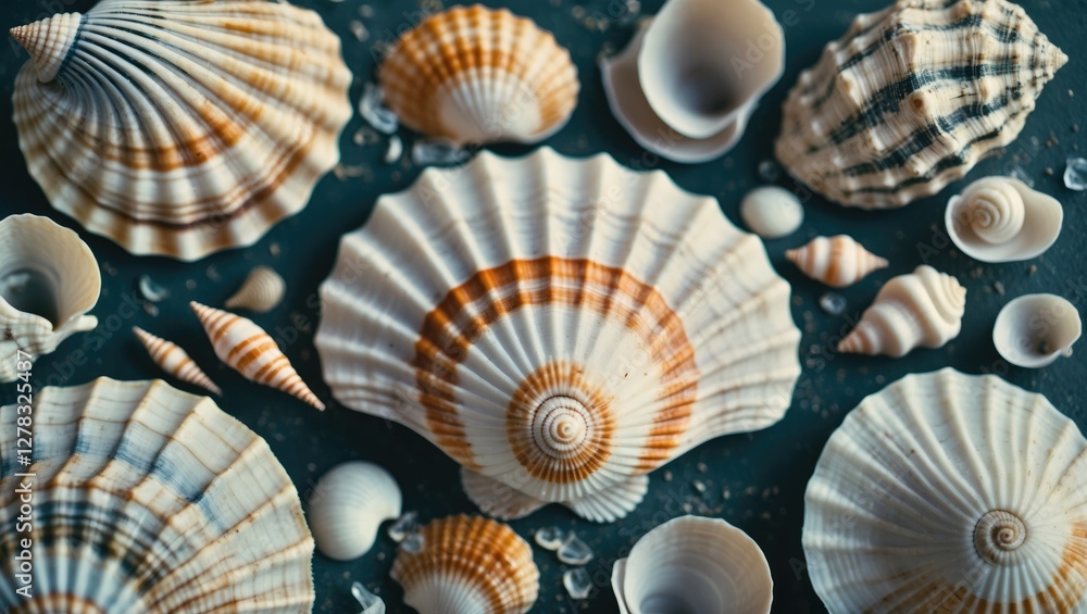 Poster seashells arranged on dark background with clear space for text overlay or design elements