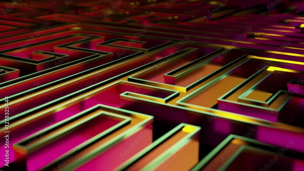Poster magenta and gold maze walls are slowly changing, creating a mesmerizing visual effect, ideal for pro