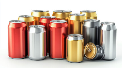 Aluminium cans different sizes for soda or beer isolated on white background. Vector realistic mockup of metal tin cans for drink front view. 3d template of blank silver package for cold beverage