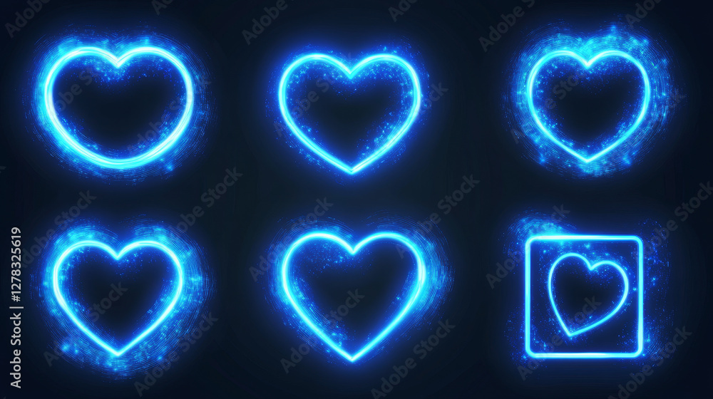 Poster electric lightning frames in shape of circle, heart and square. digital glowing neon borders. vector