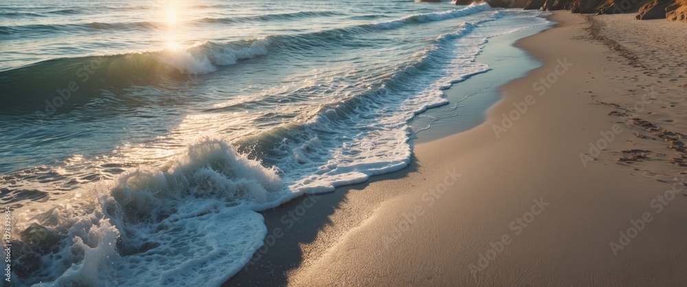 Poster serene beach waves gently lapping at coastline under sunlight creating a tranquil ambiance with spac