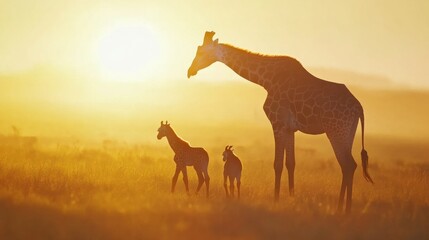 Majestic Giraffes in Golden Sunrise Over African Savanna Landscape