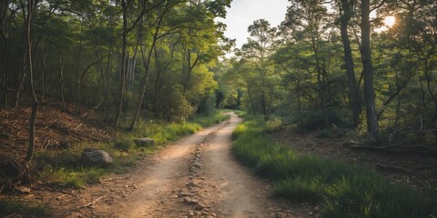 Fototapeta premium Serene Nature Trail with Lush Greenery and Sunlit Pathway Ideal for Text Overlay and Outdoor Themes