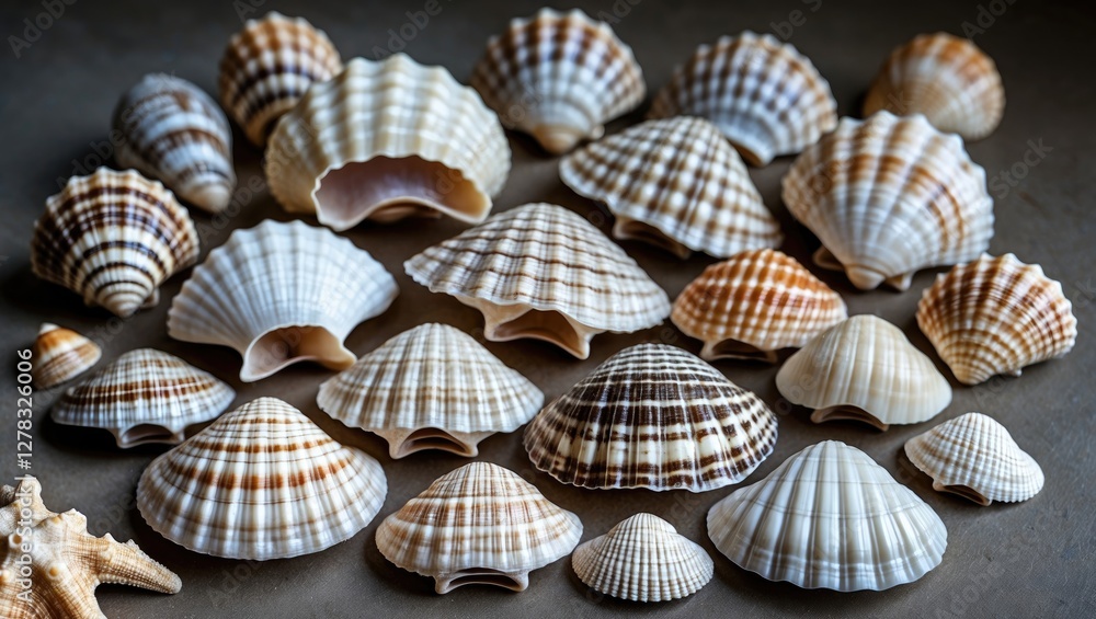 Poster diverse collection of beautiful seashells arranged on a surface displaying unique patterns and textu