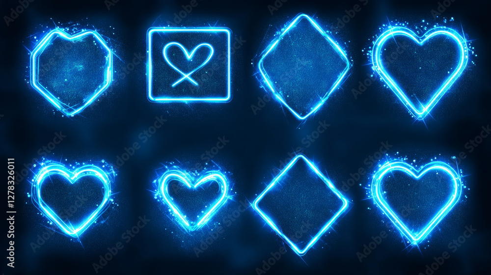 Poster electric lightning frames in shape of circle, heart and square. digital glowing neon borders. vector