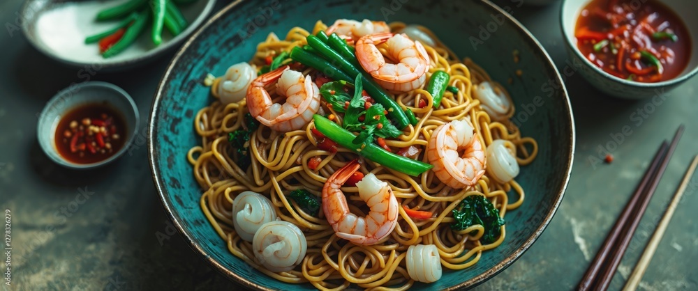Aufkleber noodles with shrimp and vegetables in a bowl surrounded by sauces and empty space for text elements