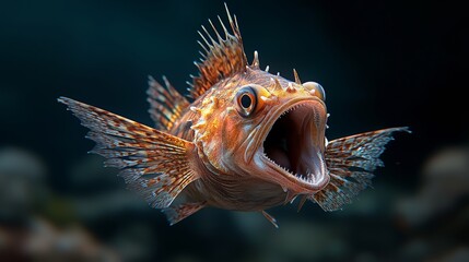 Fototapeta premium Explore the Mysterious Depths of the Ocean with the Intriguing Deep Sea Anglerfish Showcasing its Bioluminescent Lure and Open Jaw