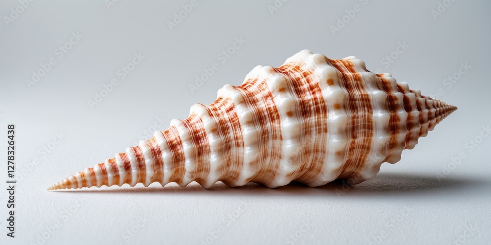 Poster cone-shaped ocean seashell with unique striped patterns on white background providing ample empty sp
