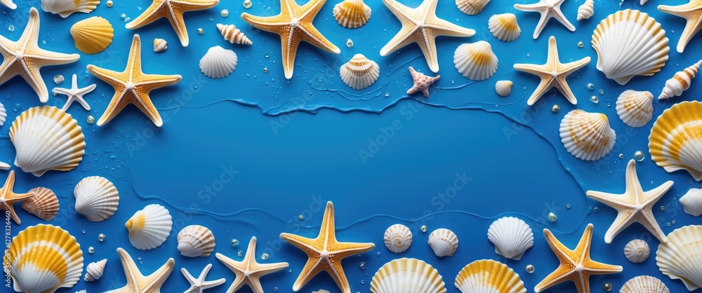 Poster seashells and starfish arrangement on bright blue background with blank space for customizable text 