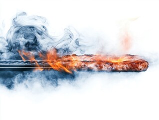 Grilling perfection: sizzling steak with smoke flames on barbecue