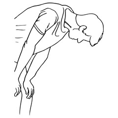man bent over resting his palms on his knees - hand drawn line art drawing
