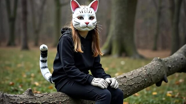 Cute young little kid girl wear cat furry mask enjoy have fun playing outdoors in forest street park. Children therian wild animal character trendy fan culture. Teenager social expression hobby
