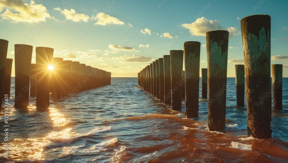 Aufkleber old dock pilings bathed in warm summer light with tranquil water and generous copy space for creativ
