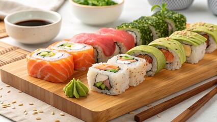  Traditional sushi rolls, delicious and healthy food. Generative AI.	