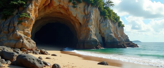 Cave entrance on sandy beach surrounded by rock formations and lush greenery with space for text overlay in a scenic coastal landscape